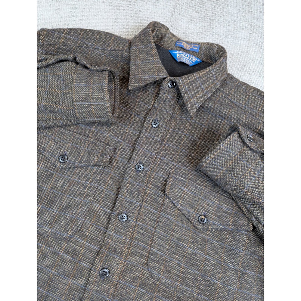 Pendleton Wool Shirt Jacket Mens L Brown Plaid Long Sleeve Flap Pocket Overshirt